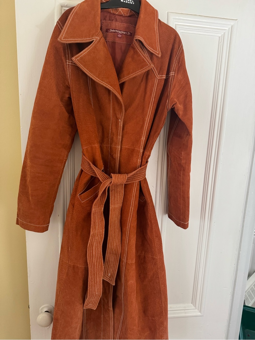 Suede Trench Coat - Rust Brown Belted Women's Coat